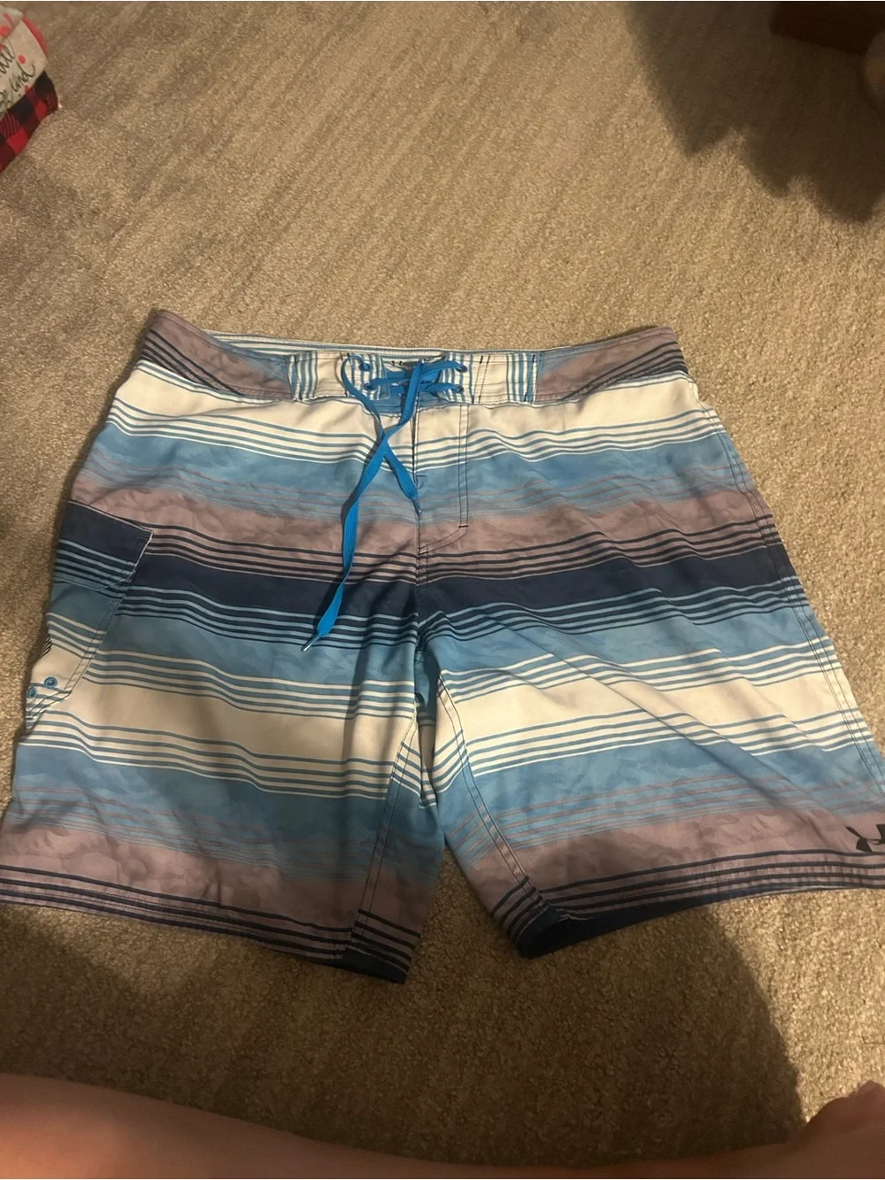 Under Armour Blue, Navy and Cream Striped Swim Board Shorts